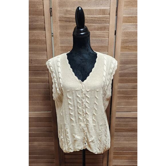 Vintage Two Twenty Large Sweater Embroidered Vest Button Up Knit Textured Beige - Picture 1 of 7